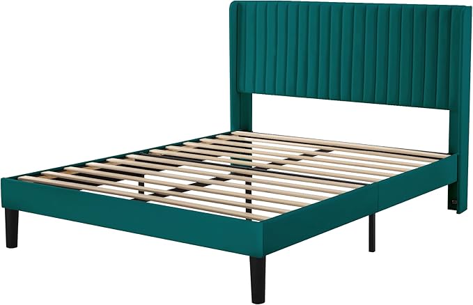 Allewie Queen Size Bed Frame/Velvet Upholstered Platform Bed/Vertical Channel Tufted Wingback Headboard/Strong Wooden Slats/No Box Spring Needed/Easy Assembly/Teal