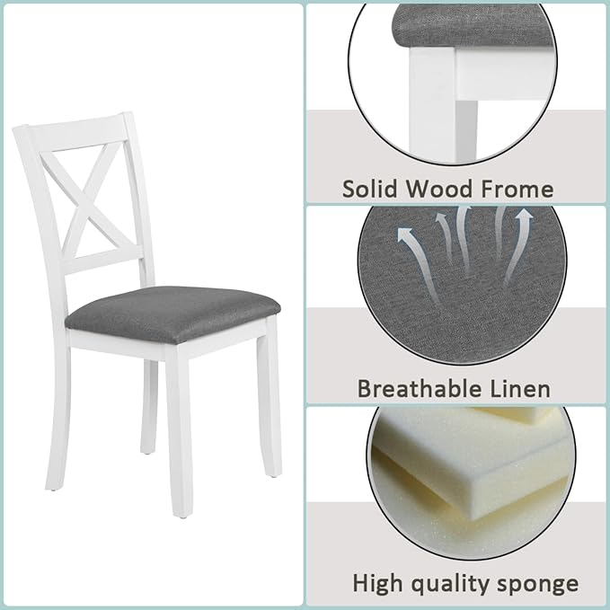 Dining Table Set for 5, 6-Piece Kitchen Table & Chairs Set with Rectangular Table, Bench & 4 Upholstered Chairs, 58.5'' Dinner Set with Wood Legs & X-Shaped Backrest for Kitchen, White&Gray