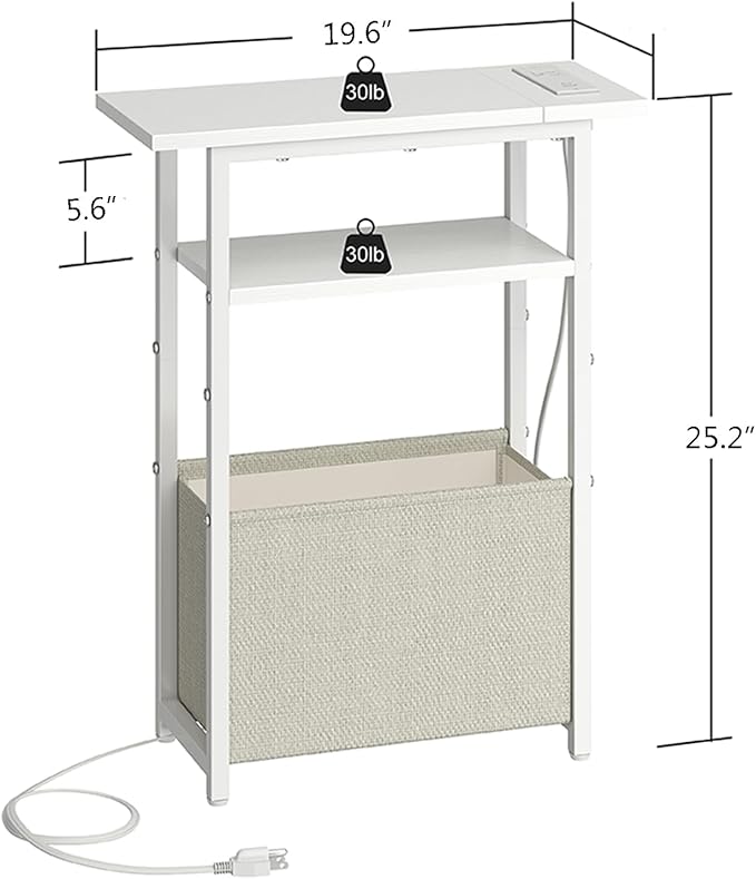 Narrow Side Table with Charging Station, Small End Table for Small Spaces, Skinny Nightstands with Storage Basket, 3 Tier Sofa Couch Bedside Tables for Living Room,Bedroom, White