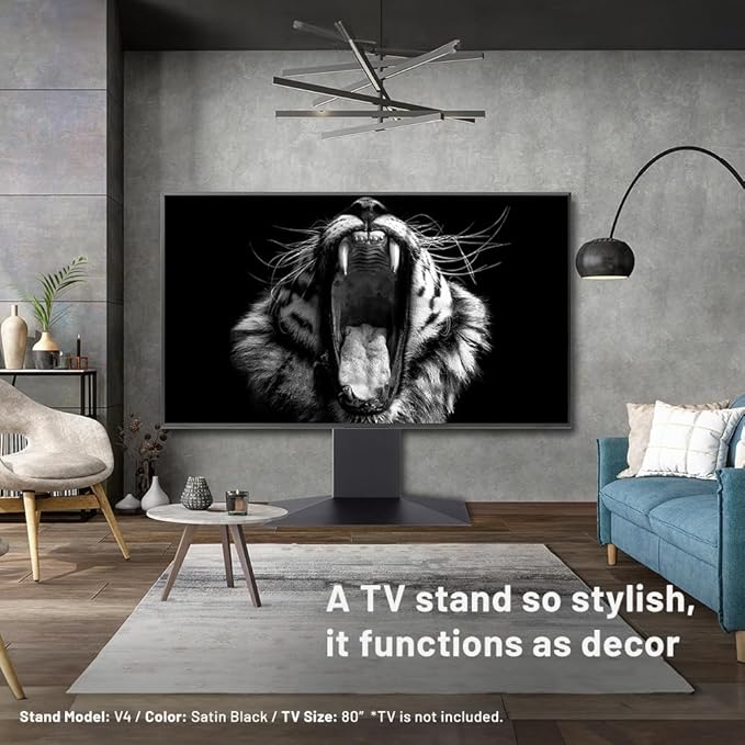 WALL V4 | Sleek Shallow Floor TV Stand for Extra Large 50-100 Inch | Satin Black | for Large Screens | Living Room and Bedroom, Space Saving, Adjustable Mount, No Drill, Japan-Engineered Design