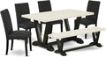 East West Furniture V626DR124-6 6 Piece Kitchen Table & Chairs Set Contains a Rectangle Dining Room Table and 4 Black Color Linen Fabric Parson Chairs with a Bench, 36x60 Inch, Multi-Color