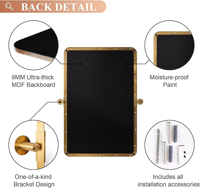 MOON MIRROR Gold Brass Pivot Rounded Rectangle Bathroom Mirror, Brushed Gold Tilt Mirror, Overall 32.33 x 36 in (Mirror 28x 36 in)
