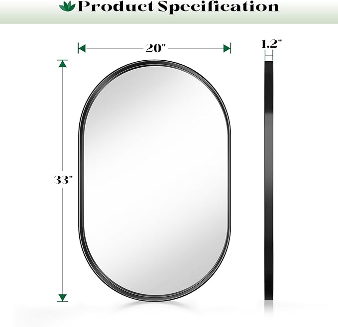 2 Pack Black Oval Mirrors, 20" x 33" Double Modern Mirror for Living Room, Black Frame Mirror for Over Sink Bedroom Fireplace Entryway Hang Vertical and Horizontal