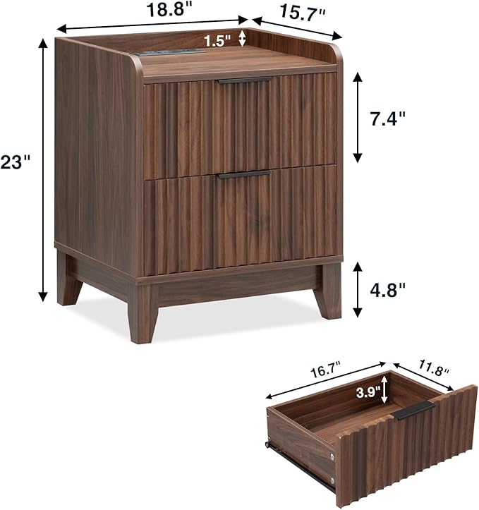 Wnutrees Fluted Nightstand with Charging Station, Modern Bedside Table with 2 Drawers, Farmhouse Wooden End Side Table for Living Room, 2Pack, Brown