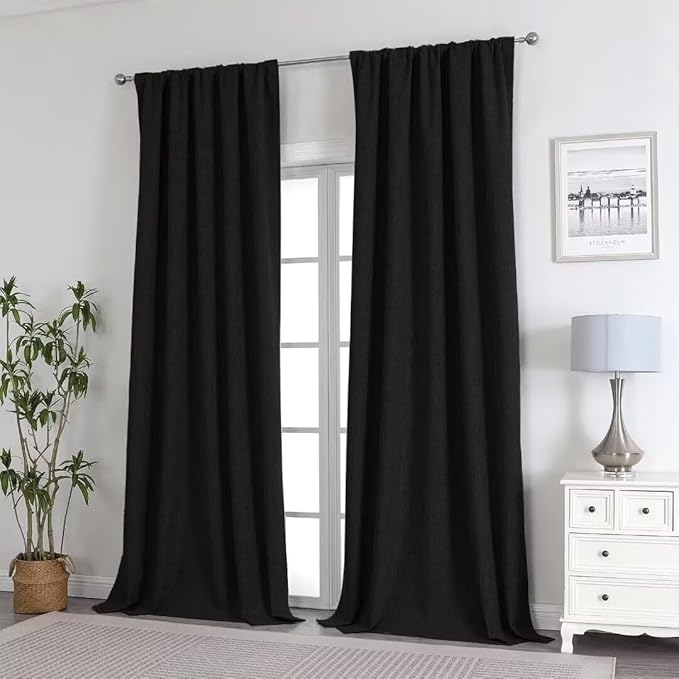 Joydeco Natural Linen Curtains 120 inch Length 2 Panels Set Burg 100% Blackout Patio Door Curtain Room Darkening Sliding Door Curtains Thermal Insulated Back tab Rod Pocket(105x120 inch, Black)