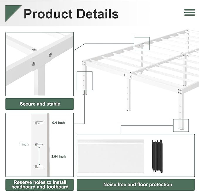 16 Inch White California King Bed Frames No Box Spring Need, Platform Cal King Bed Frame with High Storage, Eassy Assembly 3,500 lbs Heavy Duty Bedframes
