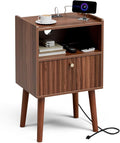 Side Table with Charging Station, Modern End Table with Fluted Drawer, Bedside Table, Night Stand with 2 Tiers Storage Space, for Bedroom, Living Room, Walnut
