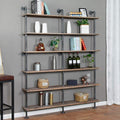 Industrial 6-Tiers Modern Ladder Shelf Bookcase,Solid Wood Storage Shelf,Display Shelving, Wall Mounted Wood Shelves, Pipe Wood Shelves Bookshelf Vintage Wrought Iron Finish (Gray)