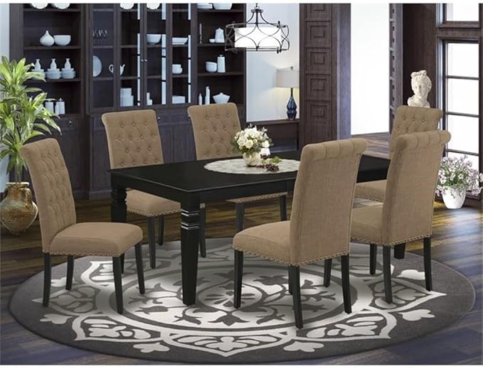 East West Furniture LGBR7-BLK-17 7 Piece Dining Room Table Set Consist of a Rectangle Kitchen Table with Butterfly Leaf and 6 Light Sable Linen Fabric Parsons Chairs, 42x84 Inch, Black