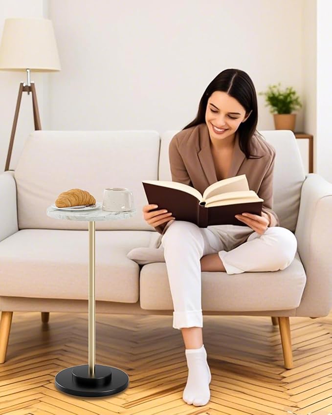 Round Side Table, Small Drink Table for Small Spaces, Modern Accent End Table Coffee Table with Metal Leg for Living Room, Bedroom, Corners, and Office (Marble)
