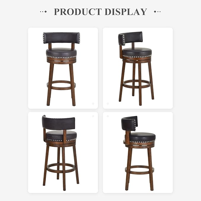 COLAMY Swivel Bar Stool, Swivel Bar Height Bar Stool, Modern Swivel Barstool with Back, Upholstered Wood Barstool for Kitchen Island Dining Room Bar, Dark Brown, FM-4840-30-DarkBrown-L
