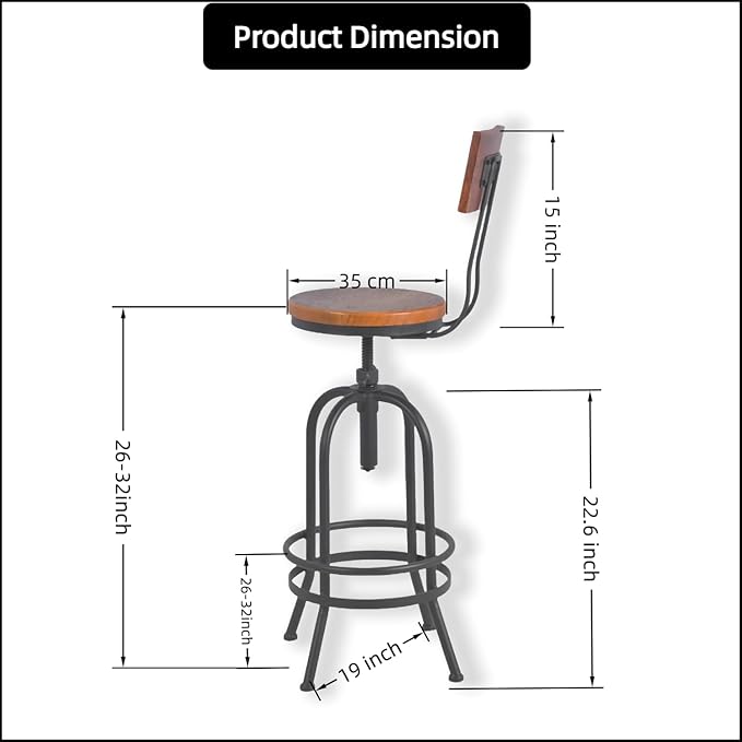 Set of 2-Industrial Bar Stools with Backrest-Swivel Wood Seat-Bar Counter Height Adjustable 26-32.2inch-Kitchen Island Dining Chair