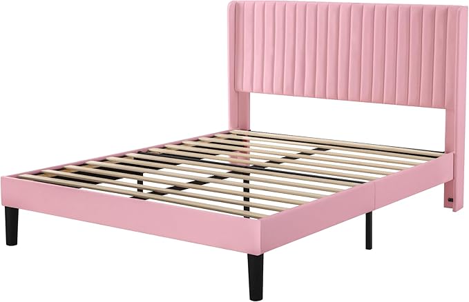 Allewie Queen Size Velvet Bed Frame/Vertical Channel Tufted Wingback Headboard/Upholstered Platform Bed/Strong Wooden Slats/No Box Spring Needed/Easy Assembly/Pink