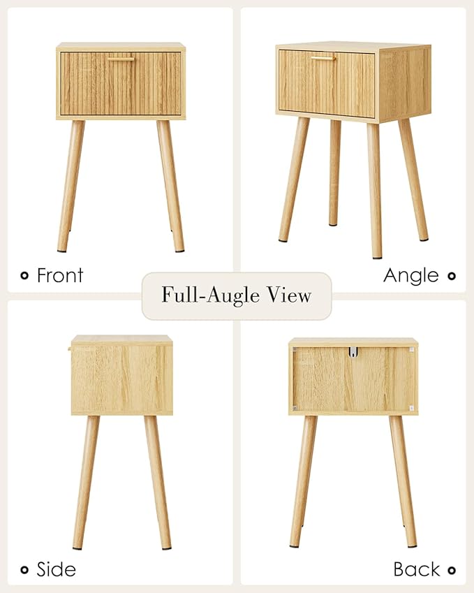 Night Stand, Oak Nightstand with Fluted Door, Small Modern Mid-Century Bedside Table for Bedroom, End Table for Living Room