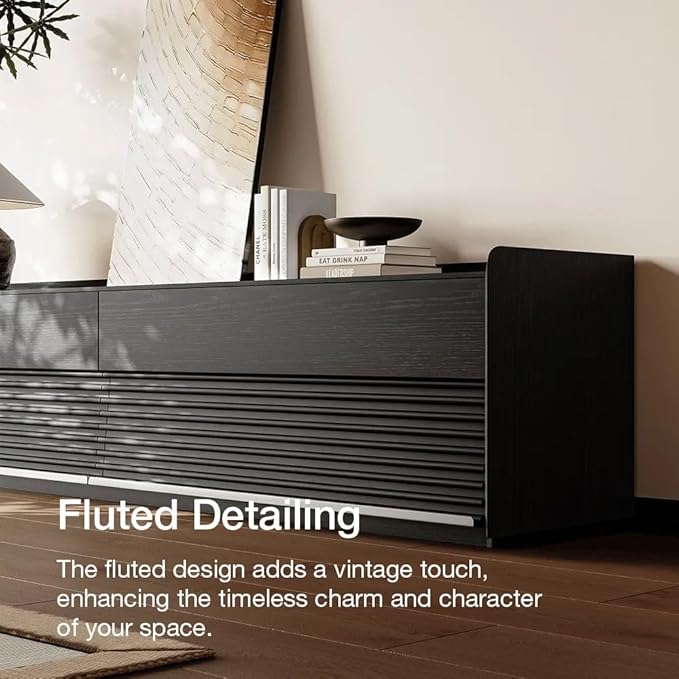 POVISON Fully-Assembled Mid Century Glossy Sintered Stone TV Stand, 118.11" Wood Media Console with Adjustable LED Light, Entertainment Center with Storage for Living Room(Black)
