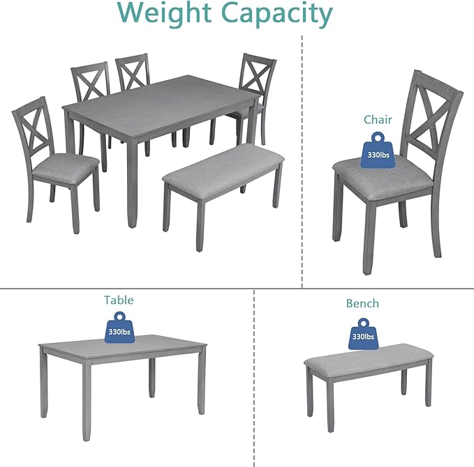 soges 6 Piece Kitchen Dining Set, Rectangular Wooden Dining Table with 4 Upholstered Chairs and a Bench, Dining Table Set for 6 People, Living Room, Home Bar and Kitchen, Gray