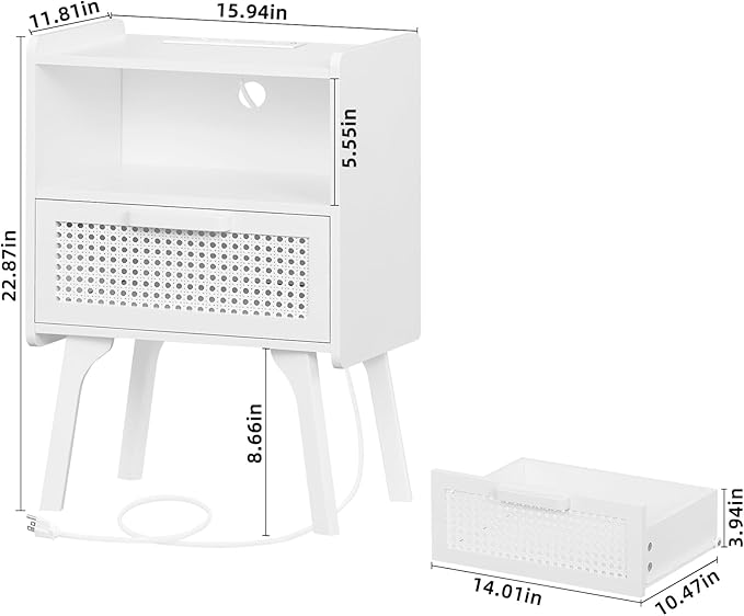 Lerliuo Rattan Nightstands set of 2 with Charging Station, Side Table with Drawer Open Shelf, Cane Accent Bedside End Table with Solid Wood Legs, Night Stand for Bedroom, Dorm and Small Spaces (White)