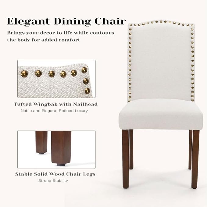 Kitchen Chairs Set of 4 Modern Upholstered Fabric Seat with Nailhead Trim and Ergonomic Lumbar Support for Living Room and Rustic Farmhouse Dining Area, Beige