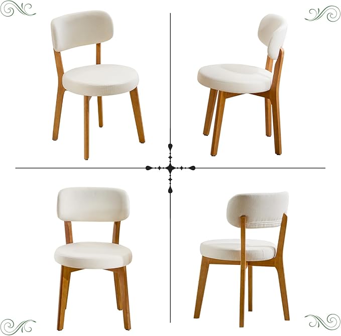 Furniliving Wooden Dining Chairs Set of 2, Mid-Century Modern Linen Upholstered Kitchen Chair with Solid Oak Wood, Farmhouse Dining Room Chairs, Beige