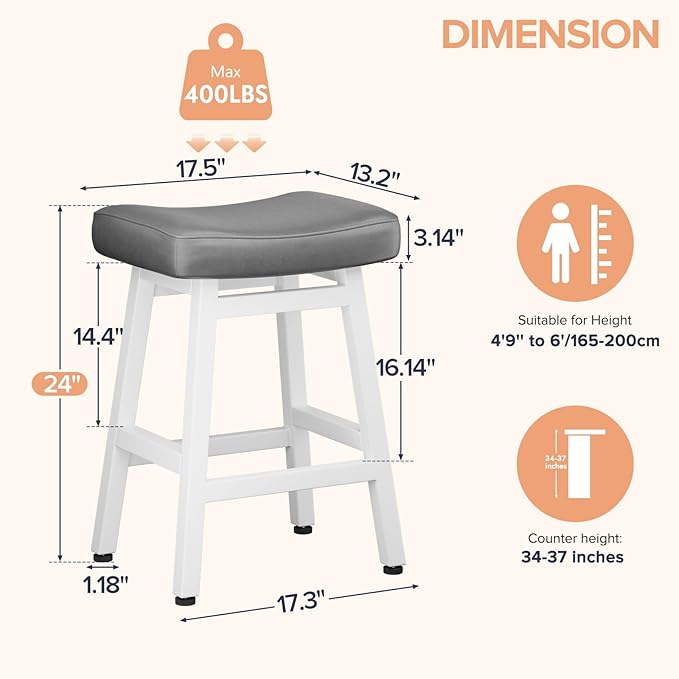 Counter Height Bar Stools Set of 2, 24 Inch Barstools for Kitchen Counter, Kitchen Stools with Bonded Leather Saddle Seats & Heavy Duty Metal Legs, Easy Assembly, Gray/White