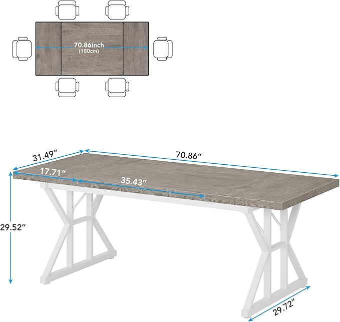 Tribesigns Farmhouse Dining Table for 6 People, 70.8-Inch Rectangular Wood Dining Table, Rustic Kitchen Table with Heavy Duty Metal Legs for Dining Room(Grey)