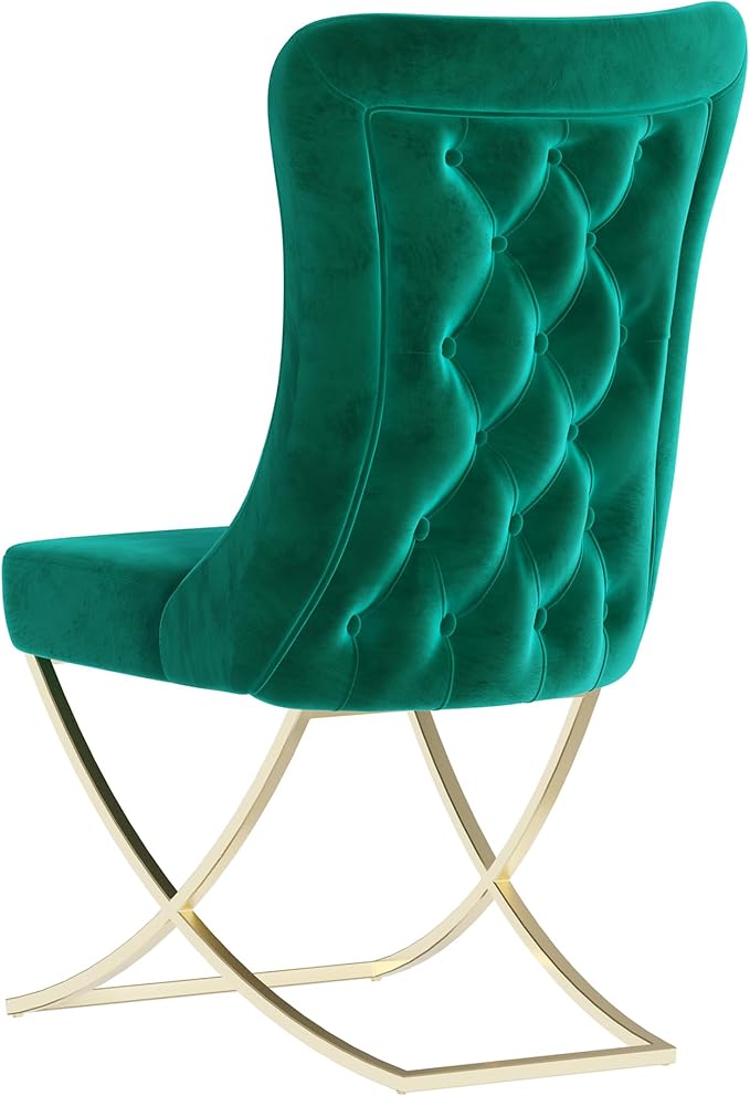 Ottomanson Royal Dining Chairs Set of 4 – Upholstered Tufted Microfiber, Assembled, Gold Metal Legs, Beech Wood Frame, 350 lb Capacity, Green