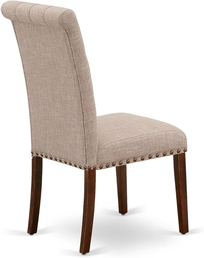 East West Furniture BRP3T04 Bremond Parson Dining Room Chairs - Button Tufted Nailhead Trim Light Tan Linen Fabric Padded Chairs, Set of 2, Mahogany