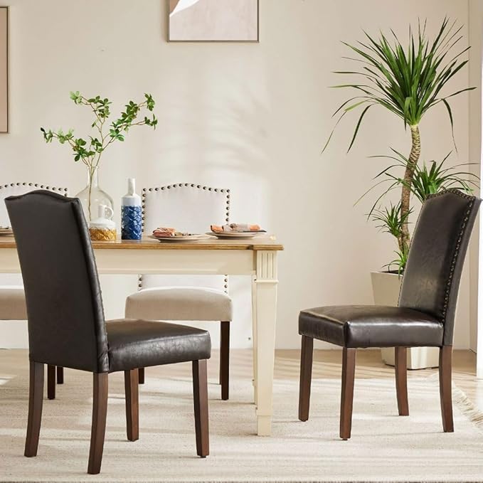 Kitchen Chairs Set of 4 Modern Upholstered Fabric Seat with Nailhead Trim and Ergonomic Lumbar Support for Living Room and Rustic Farmhouse Dining Area, Dark Brown
