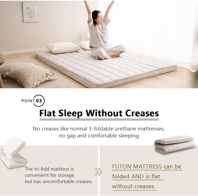 EMOOR Japanese Padded Futon Mattress Machi King Gray, Gusset Foldable Storable Elastic Bands Floor Sleeping Guest Bed Tatami Mat
