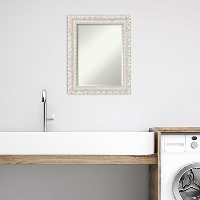 Amanti Art White Bathroom Mirror for Over Sink, 30x24 Opera Off White Rectangle Vanity Mirror, Medium Traditional Wood Frame, Hangs Horizonally and Vertically, Bathroom Wall Decor, Beveled Edge