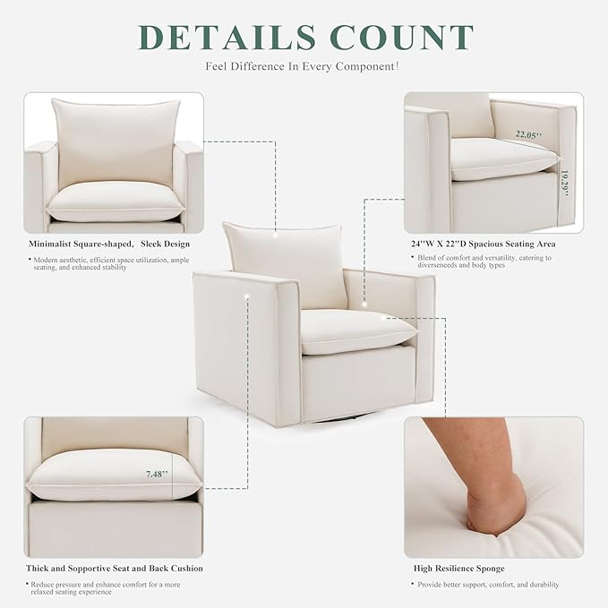 COLAMY Swivel Accent Chair, 34 Inches Wide Upholstered Arm Chair with Plump Back Pillow, Modern Sofa Living Room Chair for Bedroom, Corner, Reading Nook-Beige