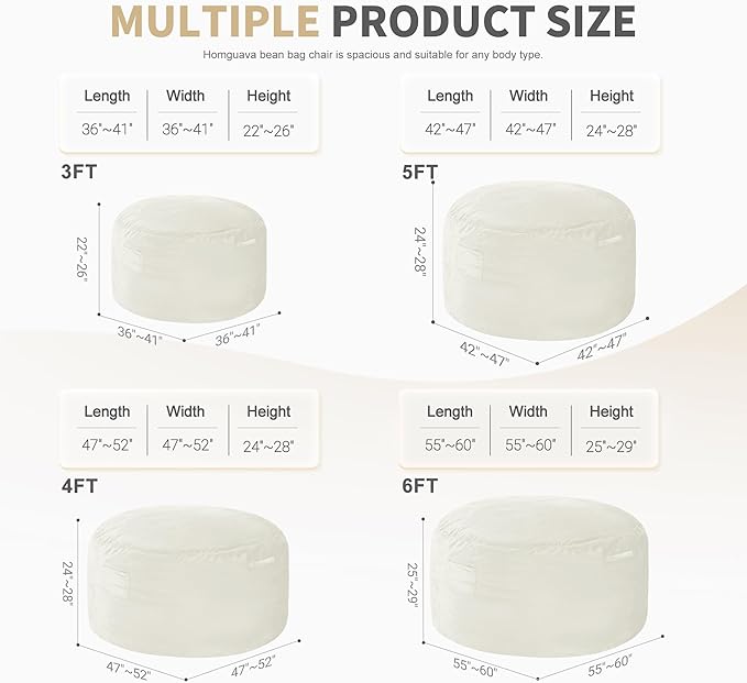 Homguava 6 FT Bean Bag Chair: 6' Bean Bags with Memory Foam Filled, Large Beanbag Chairs Soft Sofa with Dutch Velvet Cover-Beige