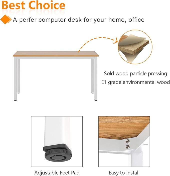 Need Computer Desk, 47 inch Home Office Desk, Modern Simple Style Home Office Gaming Desk, Basic Writing Table for Study Student, White Metal Frame, Teak