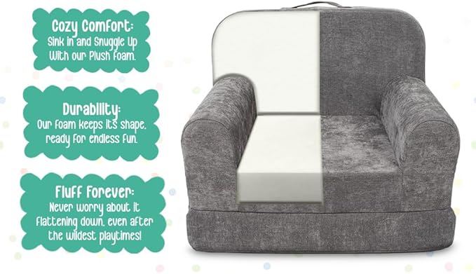 ParkaLounger Children's Sofa 2-in-1 Convertible Chair & Sleeper - Durable Foam Keeps Its Shape - Lightweight, Portable with Handle - Soft, Sturdy & Cozy Seat for Lounging & Play, Gray, Medium