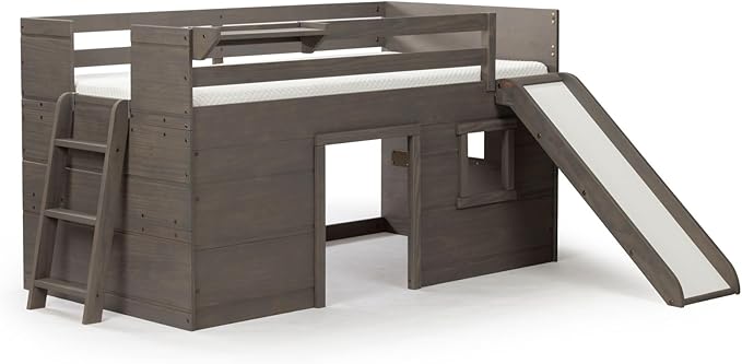 Max & Lily Loft Bed Twin Size, Solid Wood Low Loft Bed with Slide and Ladder, Modern Farmhouse Loft Bed for Kids, Driftwood