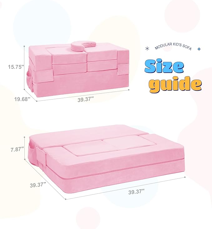 Modular Kids Sofa,Toddler Couch Foam Armchair for Kids, Children Convertible Plush Sofa Play Set,Fold Out SofaBed(Pink)