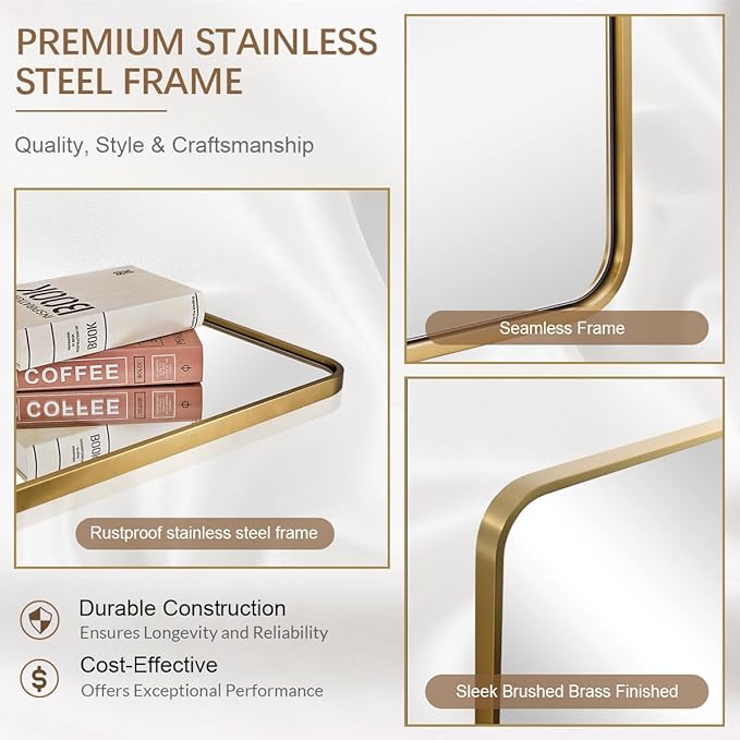 ANDY STAR 40x36 Inch Gold Bathroom Mirror, Brushed Gold Mirrors for Wall in Anti-Rust SUS304 Tube Metal Frame, Rounded Rectangle Mirrors 1’’ Deep Wall Mounted Vertically/Horizontal for Bathroom