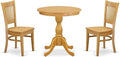 East West Furniture ESVA3-OAK-W 3 Piece Modern Dining Table Set Contains a Round Wooden Table with Pedestal and 2 Kitchen Dining Chairs, 30x30 Inch, Oak