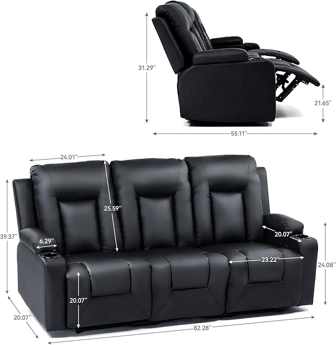 LUCKLIFE Leather Recliner Sofa Set with Manual Recliners,Living Room Furniture Set with Reclining Couch,Loveseat and Armchair,Living Room Chair with Cup Holders,Black (3+2+1)