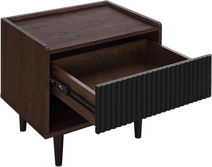 Manhattan Comfort Duane Modern Ribbed Nightstand, Bedside Table with Full Extension Drawer and Open Shelf, Industrial Chic Living Room and Bedroom Furniture, Black