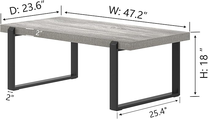 FOLUBAN Modern Coffee Table, Rustic Wood and Metal Center Table, Rectangle Cocktail Tea Table for Living Room, Light Grey, 47 Inch