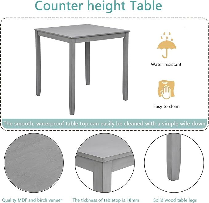 KEIKI 5-Piece Counter Height Dining Table Set with Square Table and 4 Upholstered Vertical Slatted Backrset Chair, for 4 Person, Modern Wooden Table Set, Easy Assembly, for Kitchen, Dining Room, Gray