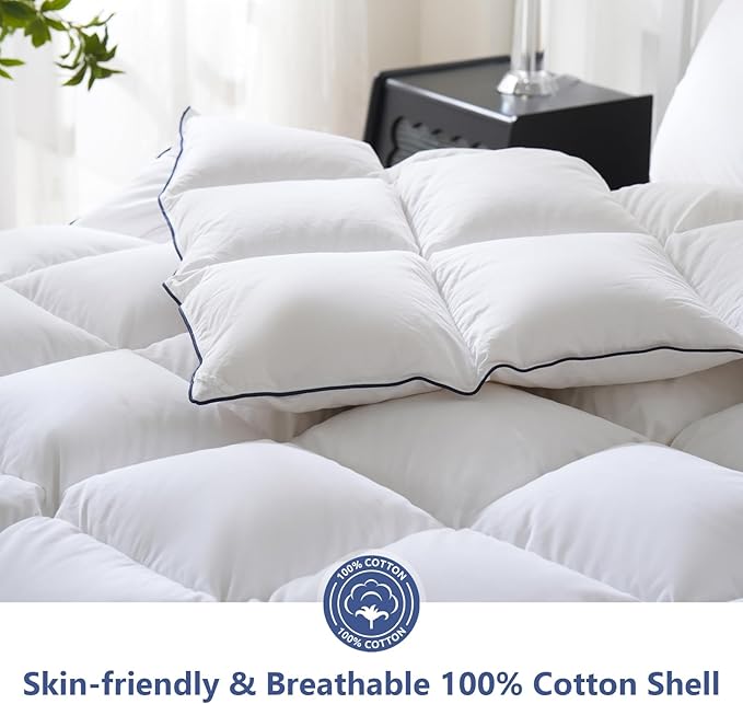 DOWNCOOL Feather Comforter Twin, White Fluffy Duvet Insert with Ultra Soft 100% Cotton Cover, All Season Luxurious Hotel Bed Comforter Twin with Corner Tabs, 68"x90"