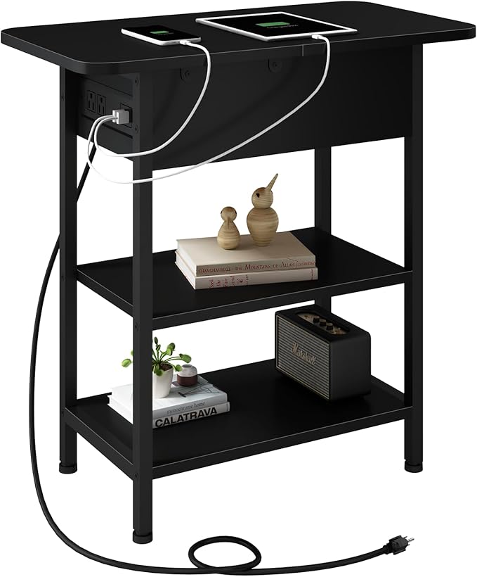 LIDYUK End Table with Charging Station, Flip Top Side Table with USB Ports and Outlets, Nightstand for Small Spaces, Bedside Tables with Storage Shelf for Living Room, Bedroom, Black