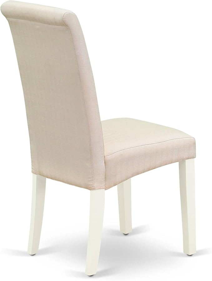 East West Furniture AMBA3-LWH-01 3 Piece Modern Dining Table Set Contains a Round Kitchen Table with Pedestal and 2 Cream Linen Fabric Upholstered Parson Chairs, 36x36 Inch, Linen White