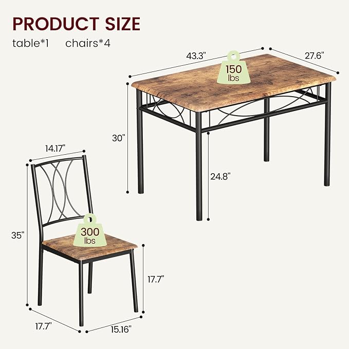 Dining Table Set for 4, Compact Kitchen Table and 4 Chairs, 5-Piece Kitchen Table Set, Space-Saving Design for Small Space, Dining Room, Apartment, Retro Brown