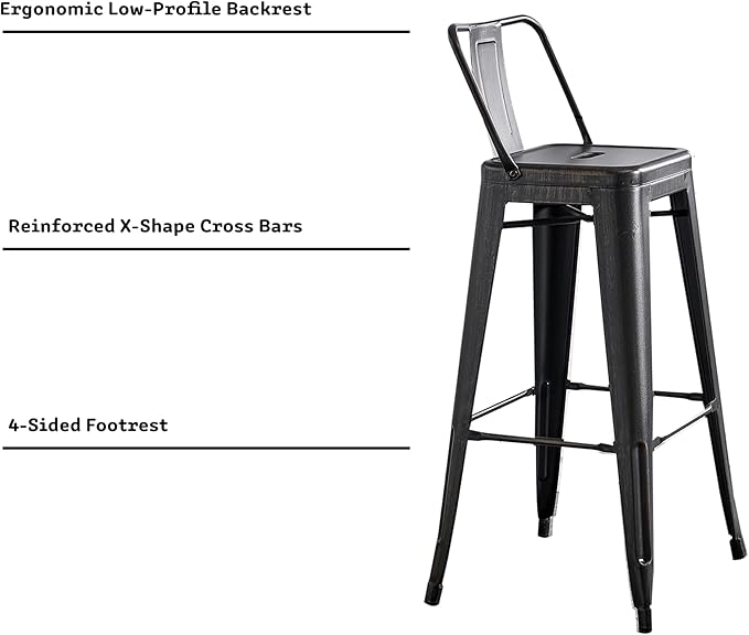 AC Pacific Modern 30” Metal Barstool Set of 2 – Country Rustic Style with Low Back, Lightweight & Sturdy Build, Easy Assembly, Distressed Black