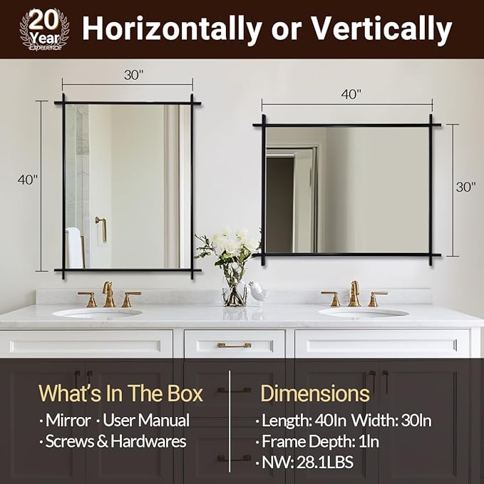 Andy Star 30x40 Inch Black Bathroom Vanity Mirror, Large Vintage Cross Corner Mirror Unique Industrial Minimalist for Home Decor in 1’’ Stainless Steel Metal Frame Wall Mounted Vertical/Horizontal
