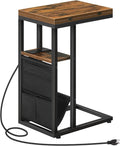 HOOBRO Foldable End Table with Charging Station, C Shaped Side Table with Storage Bag, Slide Under Sofa Couch Table for Small Spaces in Living Room, Bedroom, Easy Assembly, Rustic Brown BF101USF01