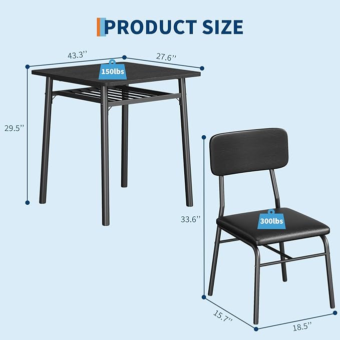 3-Piece Dining Table Set for 2, Wood Kitchen Table Set with Built-in Storage Rack,Small Kitchen Table with Upholstered Chairs and Metal Frame for Small Spaces，Black Wood Grain Color